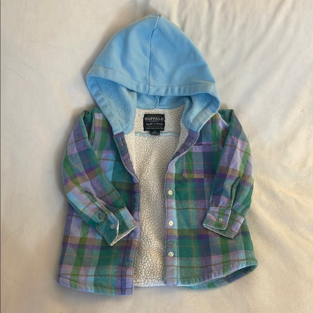 ⭐️ Kids Buffalo David Bitton Blue and Green Plaid Button up Jacket with Hood